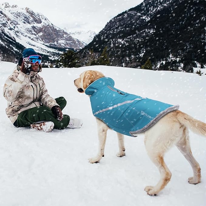 VIVAGLORY Snowrap Dog Coat, Jacket with Harness Hole & Velcro Closure, Dog Coat for Winter & Cold Weather, Fluffy Warm Fleece Lined Reflective Water Resistant for Puppy, L, Turquoise