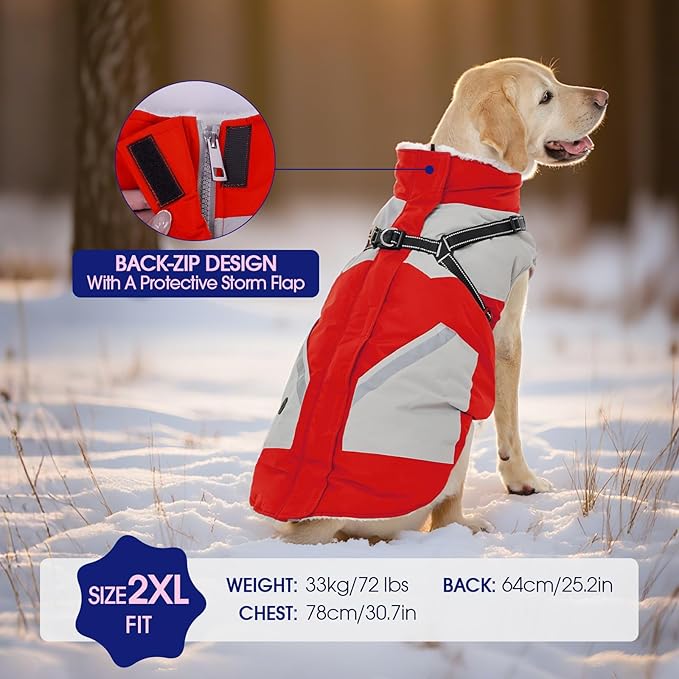 FUAMEY Dog Winter Jackets for Medium Dogs,Dog Coat with Harness Built in,Waterproof Dogs Snowsuits Warm Pet Jacket Zip Up Fleece Cold Weather Coats Reflective Puppy Vest with Pocket Red M