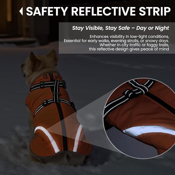 QBLEEV Small Dog Coat, Dog Jackets for Small Dogs, Winter Warm Waterproof Chihuahua Cold Weather Vest with Harness, Windproof Puppy Yorkie Reflective Fleece Dogs Snowsuit for Maltese, Orange, S