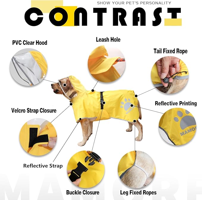 MAMORE Dog Raincoat Hooded Rain Jacket for Small Medium Large Dogs Slicker Poncho Bottom Waterproof Adjustable Reflective Breathable Leash Hole (Yellow, Small)