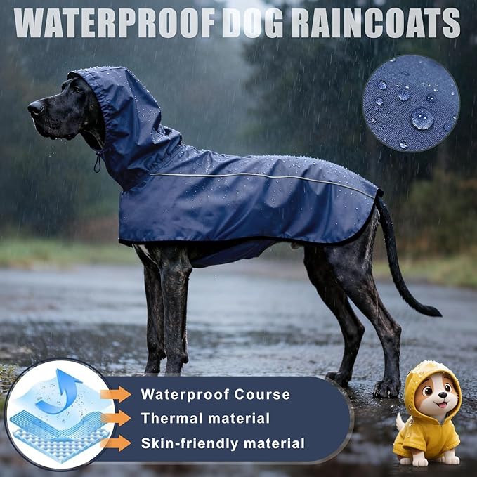 Mosucoirl Dog Raincoat Jacket Reflective Adjustable Hooded Pet Poncho Rain Coats with Leash Hole Waterproof Clothes for Small Medium Large Dogs (NavyBlue, M)