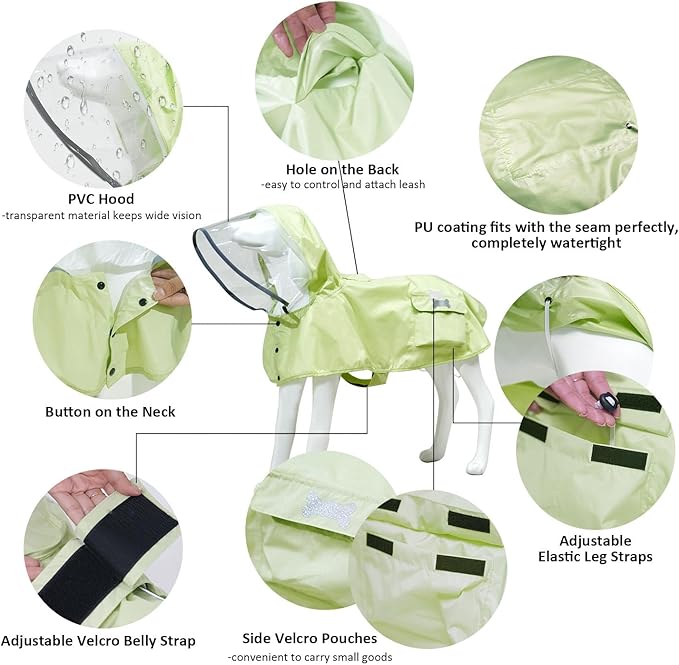 Waterproof Dog Raincoat, Adjustable Reflective Lightweight Pet Rain Clothes with Poncho Hood(X-Large,Light Green)