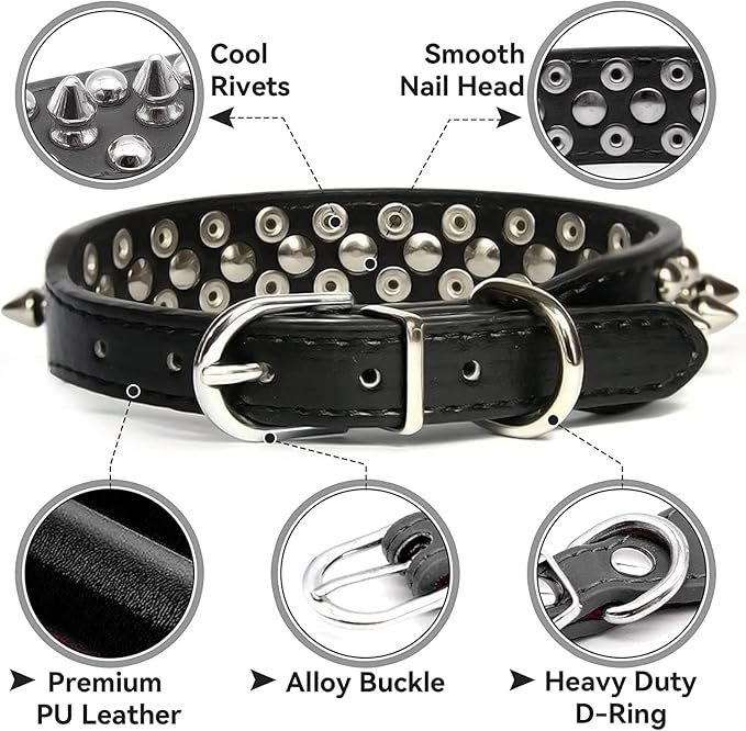 Spiked Dog Collar Soft Pu Leather Mushrooms Rivet Spike Studded Puppy Adjustable Pet Collars for Small Breeds (L, Pink Set)