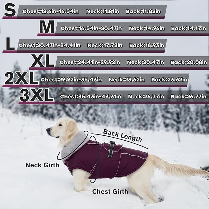 Lelepet Warm Dog Coat Waterproof Dog Jacket for Large Dogs Reflective Fleece Vest with Adjustable Buckle Hook & Loop Windproof Cold Weather Coats for Small Medium Large Dogs, Dark Purple, XL