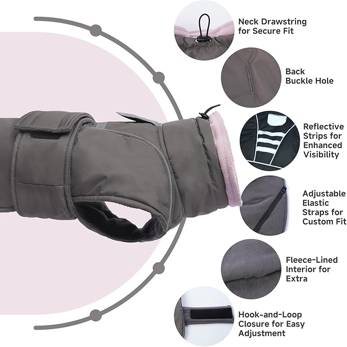 Dog Winter Coat for Small to Large Dogs(XS-XXXL)– Waterproof Windproof Fleece Lined Jacket with Reflective Trim,Pet Vest with Adjustable Buckles, Machine Washable Grey XL