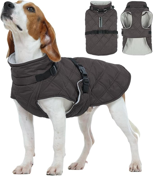 Kuoser Dog Coat Warm Fleece Lining Turtleneck Dog Jacket with Harness Built-in, Adjustable Windproof Cold Weather Coats with Quick Release Buckle Pet Winter Snowsuit for Small Medium Dogs, Grey M