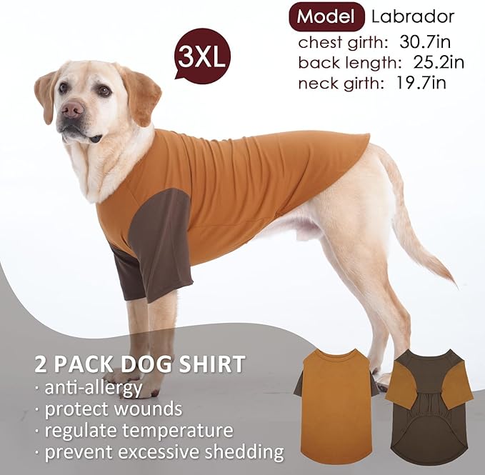 2 Pack Dog Shirt for Large Dogs XXL - Lightweight Breathable Cotton Tees, Freedom of Movement Prevents Overheating Clothes for Border Collie, Pitbull, Boxer, Hiking, Play, Casual Wear, Brown