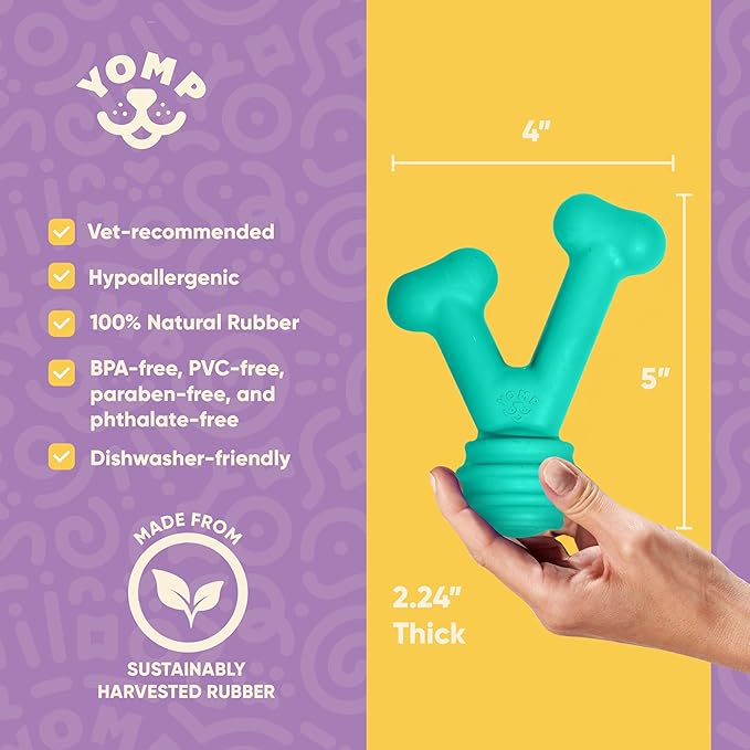 Yomp FunnyBone MAX: All-Natural Rubber Dog Toy, Nontoxic, Safe for Pet Play (Teal)