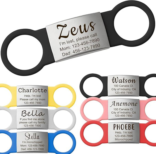 Anavia Slide On Silent Pet ID Tags, S/M/L/XL Personalized Multi-Color Silicone Band Cat Dog Name Tags, Customized Engraved Stainless Steel, Chew-Proof Quiet Dog Collar Tags (X-Large, Black)