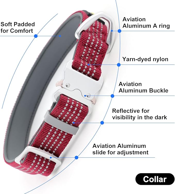 Plutus Pet Reflective Dog Collar with Aviation Aluminum Buckle, Neoprene Padded for Comfort, Lightweight, Heavy Duty Nylon Collar for Puppy Small Medium Large Dogs (Burgundy Red, L)