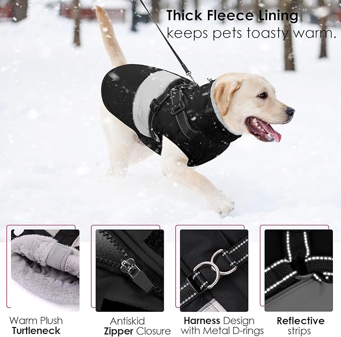 AOFITEE Dog Coat, Large Dog Jacket, Dogs Coat with Harness Built in, Reflective Waterproof Dogs Jackets Winter with Furry Collar, Warm Polar Fleece Pet Sweater Snowsuit for Doberman, Great Dane, XXL