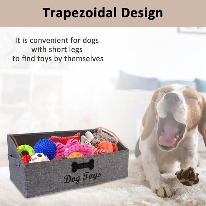 Large Dog Toy Basket Collapsible Dog Toy Box Fabric Trapezoid Dog Toy Bin Storage for organizing pet Toys/Blankets/leashes/Rope Toys/Clothing-Can be Personalized-Gray