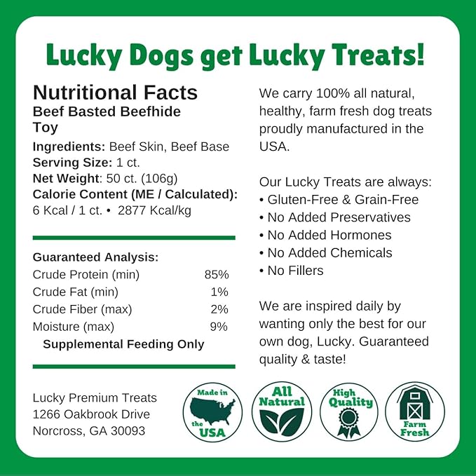 Lucky Premium Treats Beef Basted Rawhide – All-Natural Rawhide and Beef Dog Treats for Extra Small Dogs, Gluten Free Premium Toy Breed Dog Treats (50 Chews)