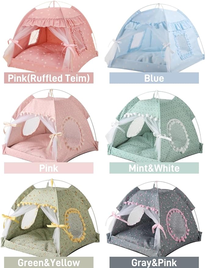 Cat Bed Tents Dog House Indoor Outdoor Lace Mesh Breathable Windows Door Curtains Removable Portable Nest Teepe House (Small,Blue)