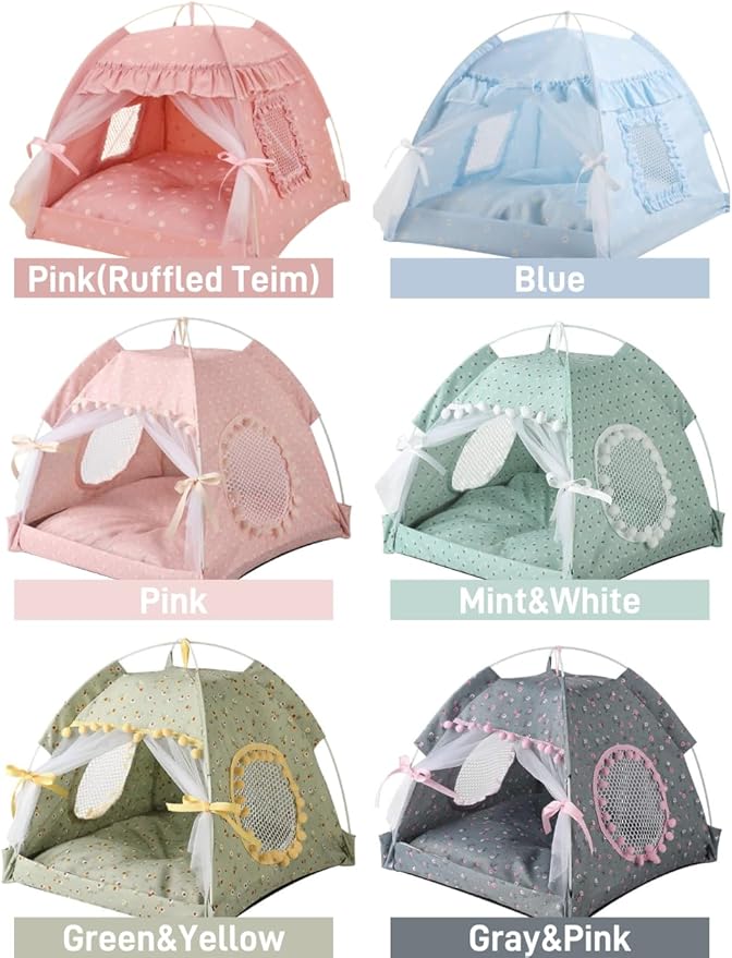 Cat Bed Tents Dog House Indoor Outdoor Lace Mesh Breathable Windows Door Curtains Removable Portable Nest Teepe House (Medium,Pink(Ruffled Teim))