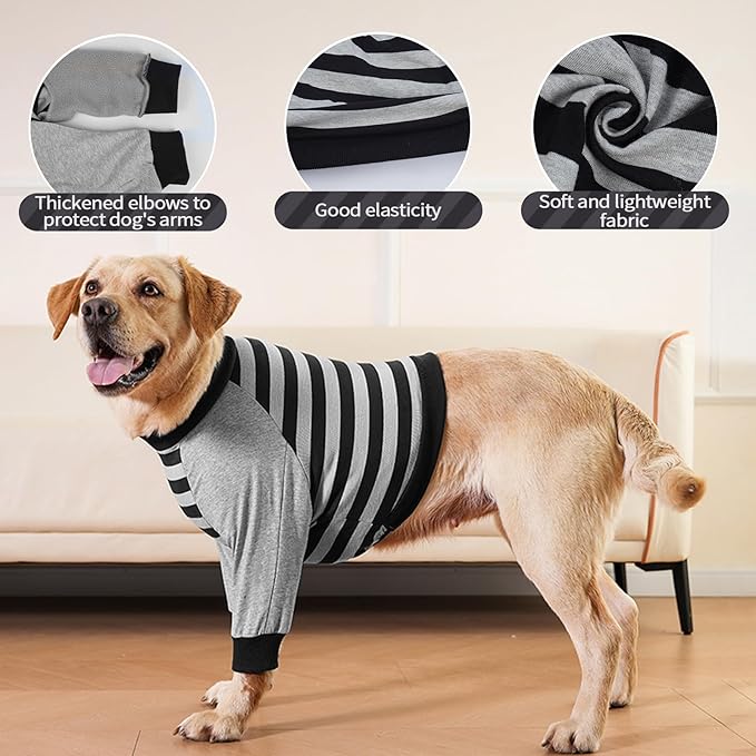 FUAMEY Dog Recovery Sleeve with Elbow Protector,Dogs Shirt Stop Licking Joints,Pet Long Sleeve Suit Protecting Dog's Front Leg Arm Wounds Cover Skin Conditions Black Stripes XL