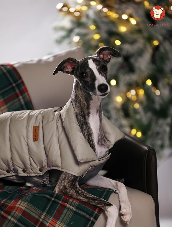 SPACE LION Dog Puffer Jacket, Down Winter Coat, Durable Outdoor Coat for Cold and Windy Conditions, Waterproof, Lightweight Jacket, Adjustable Fit for Small, Medium, Large Dogs(Khaki,12/M)