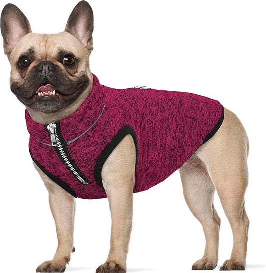ROZKITCH Dog Sweater, Knit Dog Jacket with Fleece Lining, Dog Coats for Small Dogs with Zipper Opening for Harness, Fleece Dog Jacket Adjustable Neck Reflective Pet Jacket Rosered L