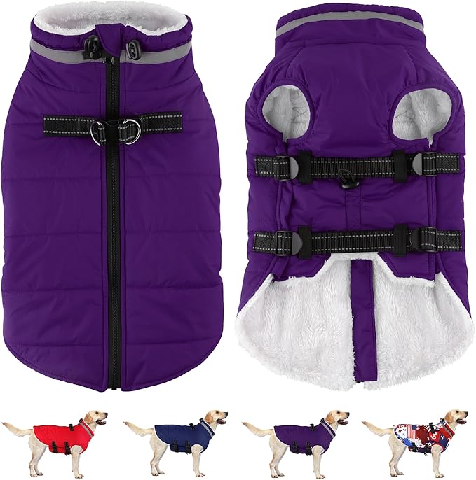 Dogcheer Dog Coat with Harness, Waterproof Dog Jacket Adjustable Pet Winter Coat with Zipper, Christmas Puppy Snow Jacket Fleece Sweater for Small Medium Large Dogs - Purple 2XL