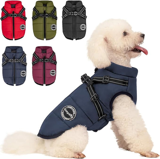 Warm Coat for Dogs, Fashion Sports Jacket with Built-in Harness, Adjustable Pet Vest - Waterproof and Reflection, Navy