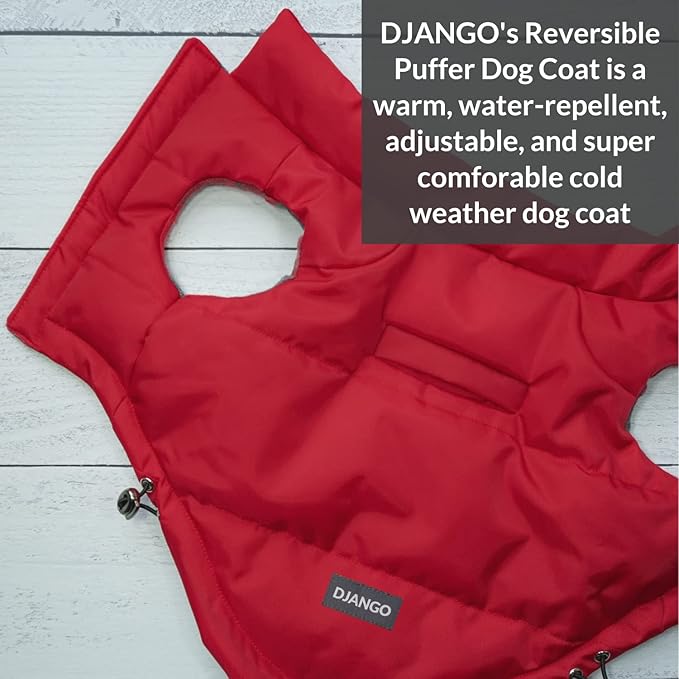 DJANGO Reversible Puffer Dog Coat – Warm Winter Dog Jacket & Water-Repellent Insulated Dog Coat with Harness Hole, Windproof, Adjustable Fit for Small & Medium Dogs, Dachshunds – Lava Red, Small