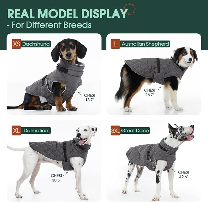 Kuoser Dog Coat Warm Fleece Lining Turtleneck Dog Jacket with Harness Built-in, Adjustable Windproof Cold Weather Coats with Quick Release Buckle Pet Winter Snowsuit for Large Dogs, Grey XL