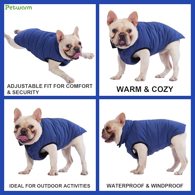 PetWarm Reversible Dog Cold Weather Coats, Waterproof Dog Puffer Vest, Vest for Dogs with Hook-and-Loop Strap, Windproof Outdoor Coat for Winter Walks and Snowy Days, Blue, XS
