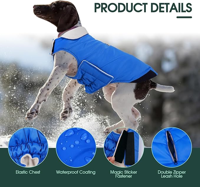 Kuoser Dog Coat Large, Cold Weather Reflective Waterproof Dogs Jacket with Warm Fleece Lining, Turtleneck Dog Winter Coat with Zipper, Doggy Snow Jacket Pet Coats for Small Medium Large Dogs, Blue XL