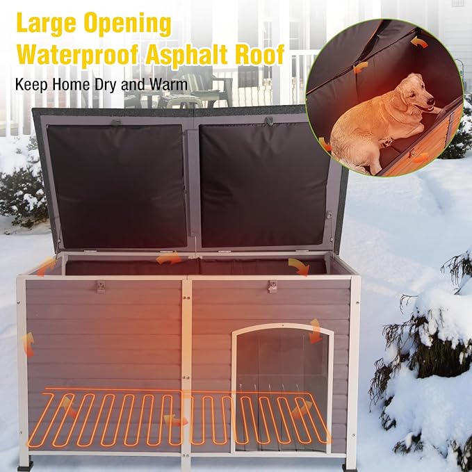 Aivituvin Large Heated Dog House, Outdoor Kennel with Insulation Liner, 59 Inch, Iron Frame Construction, Winter Weatherproof Design, Built-in Heater，Grey