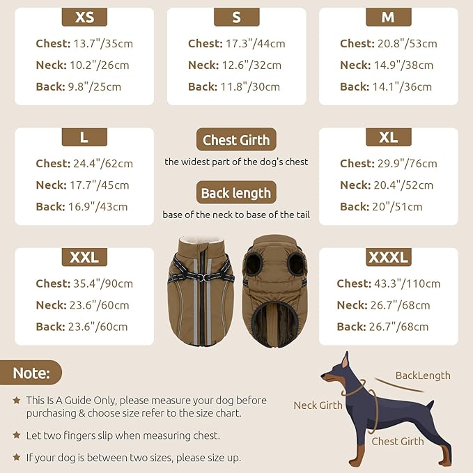 Dog Winter Coat with Harness Built in Warm Puffer Dog Jackets for Small Medium Large Dogs Windproof Waterproof Outfit with Plush Lining and Reflective Stripes (Brown, 2XL)
