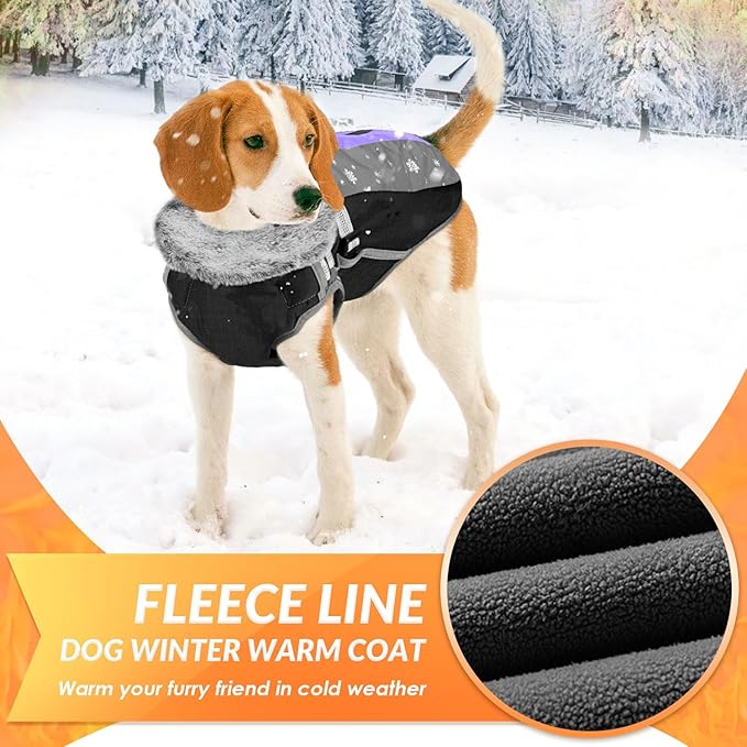 SlowTon Dog Jacket with Harness Built in - Waterproof Fleece Winter Warm Dog Coats for Small Medium Dogs, Reflective Adjustable Furry Puppy Vest Clothes for Outdoor Walking (Purple & Grey, XL)