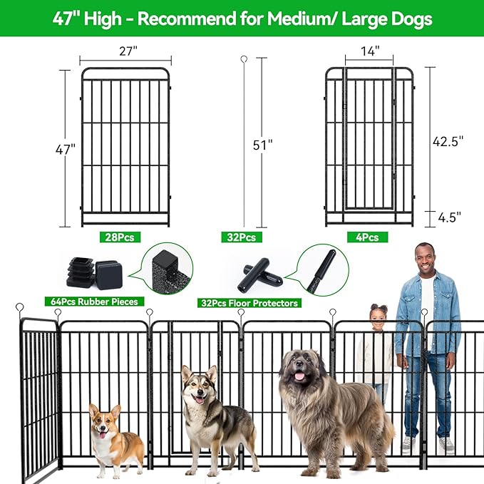 Square Steel Pipe Dog Fence Outdoor 32 Piece Panels 47" Height Anti-Rust Heavy Duty Dog Playpen with Doors Portable for Yard RV Camping, Total 71FT, 406 Sq.ft, Snowy Black