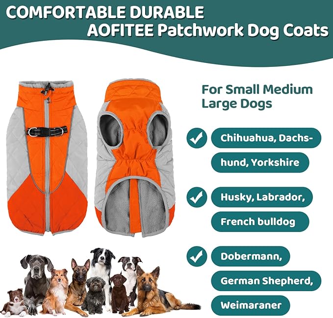 AOFITEE Dog Coat, Dog Winter Jacket, Reflective Dogs Jacket with Harness Built in and Fleece Lined, Waterproof Pet Winter Jacket Puffer Jacket for Small Medium Large Dogs, Orange XL