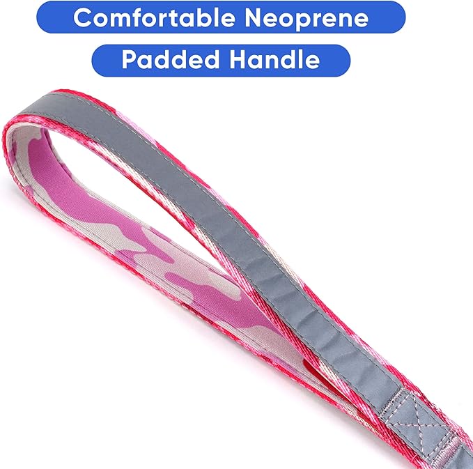 Pawtitas 6 FT Padded Dog Leash with Comfortable Neoprene Padding Handle - Camo Pink Lead | Medium Reflective Dog Leash with Highly Reflective Band Perfect for Medium and Large Dogs and Puppies.