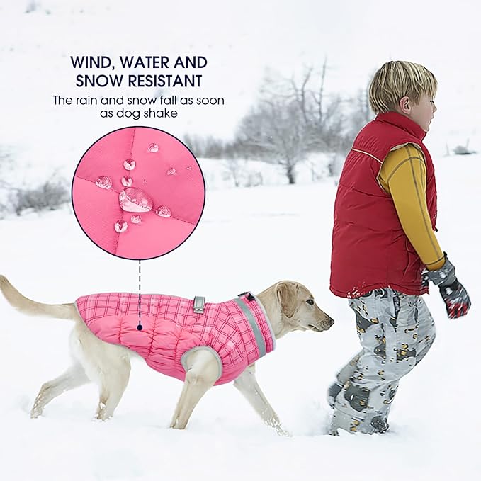 FUAMEY Dog Coat for Small Dogs,Waterproof Dog Winter Jacket with Harness Built in Puppy Cold Weather Coats Reflective Pet Vest with Zipper Warm Fleece Dogs Snowsuit Windproof Rose Plaid XS