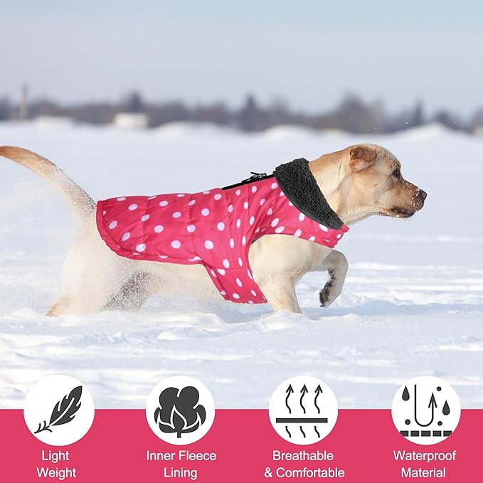 Dog Winter Coat, Waterproof Dog Jacket with Leash Hole, Reflective Adjustable Pet Snow Vest, Warm Fleece Sweater for Small Medium Large Dogs - Pink Polka Dot, XS