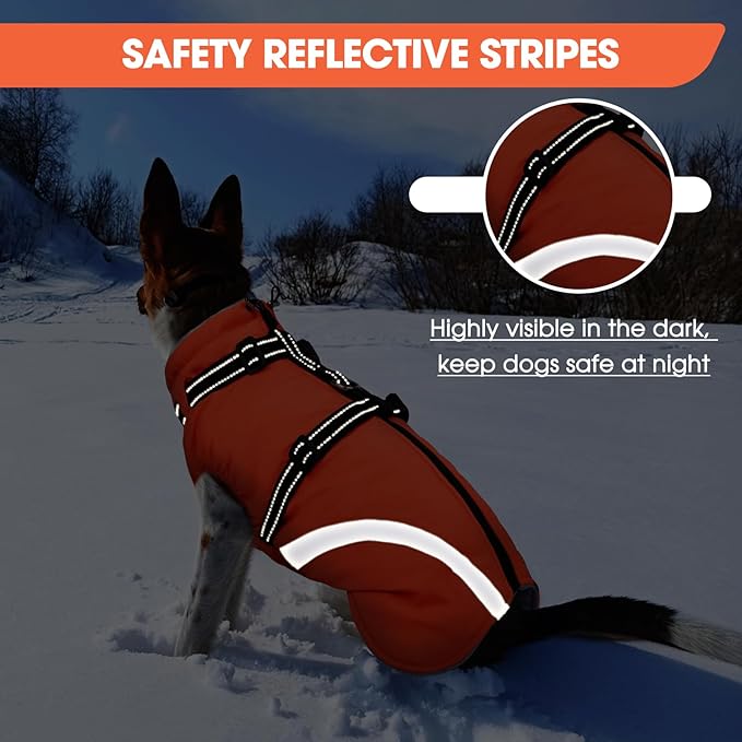 BRKURLEG Dog Winter Jackets for Large Dogs, Dog Coat with Harness Built in, Dogs Snowsuits with Zipper, Waterproof Windproof Pet Puffer Jacket Fleece Vest for Beagle, Pitbull, Orange XL