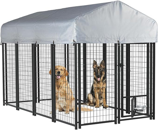 LEMBERI 8x4x4 Outside Dog Kennel with Roof for Large Dogs,Heavy Duty Welded Wire Steel Dog Playpen Fence with Secure Lock, Pet Pen with UV-Resistant Waterproof Cover (93.1''L x 50.4''W x 56.6'H)
