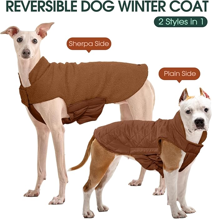 Kuoser Reversible Dog Coat – Warm Fleece & Quilted Waterproof Dog Jacket, Double-Sided Cold Weather Dogs Winter Coat with Harness Hole, Windproof Pet Snow Vest for Small Medium Large Dogs, Brown S