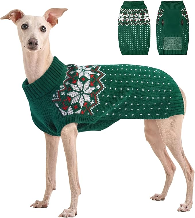 Kuoser Dog Sweater, Holiday Christmas Snowflake Pet Warm Knitwear Dog Sweaters Soft Puppy Clothing, Doggie Turtleneck Cold Weather Outfit Pullover for Small Medium Large Dogs Cats, Green XL