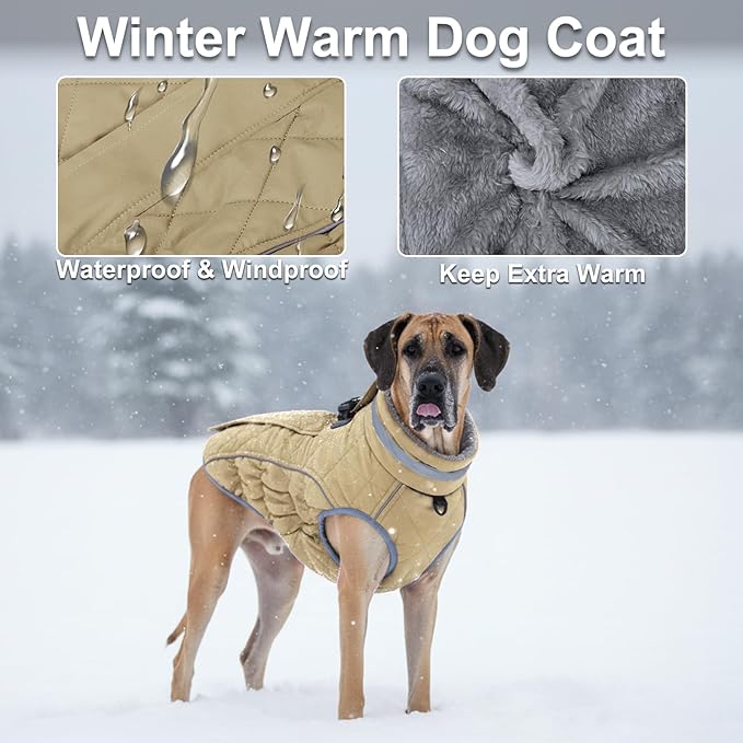 Dog Coat, Warm Dog Winter Coat for Large Dogs, Waterproof Jacket with Harness Built in, Reflective Turtleneck Cold Weather Coats with Zipper,Pet Fleece Vest Snow Jacket, Brown L
