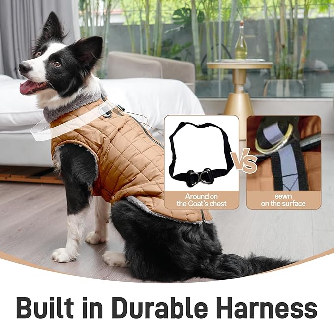 Warm Fleece Dog Coats with Durable Harness Buitl in D-Ring,Waterproof Puppy Jacket for Small Dogs,Dog Vest for Cold Winter,Burnished Khaki S