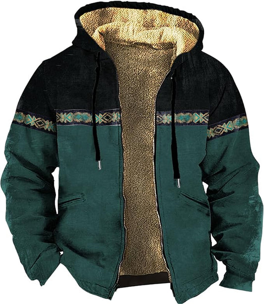 Men's Western Aztec Jackets Hooded Cowboy Hoodie Warm Full Zip Ethnic Vintage Long Sleeve Coat Fall Winter Tops