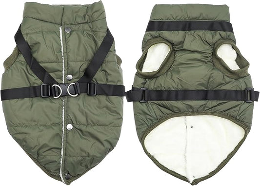 Dog Jacket with Harness,Fleece Lined Warm Puppy Coat for Winter,Soft Windproof Small Dog Vest,Green S
