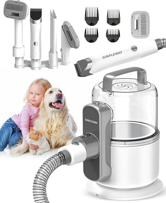 Dog Vacuum Grooming Kit for Shedding: Professional Hair Clippers Pet Groomer - Strong Suction Cleaner Deshedding Tool Fur Brush Attachment Trimmer for Home Cat (Cream White)