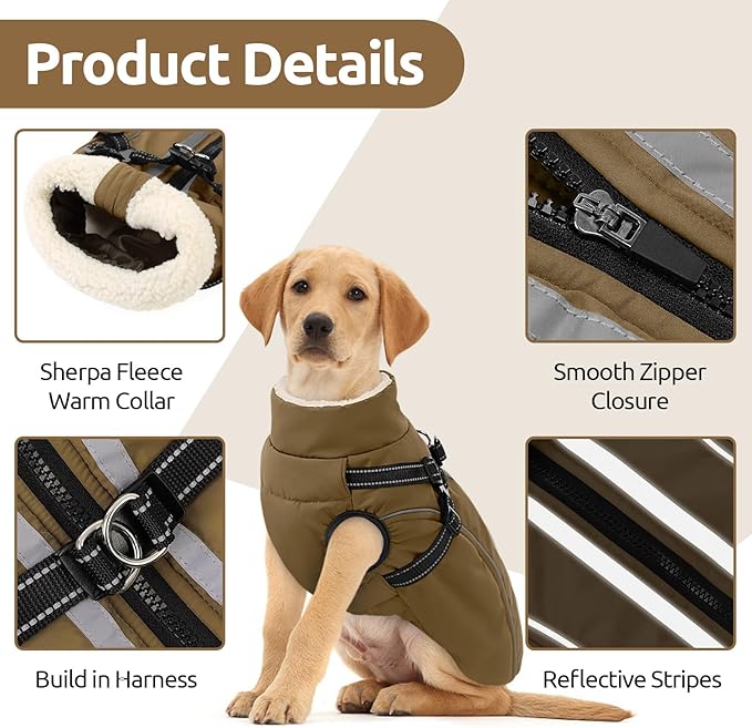 Dog Winter Coat with Harness Built in Warm Puffer Dog Jackets for Small Medium Large Dogs Windproof Waterproof Outfit with Plush Lining and Reflective Stripes (Brown, XS)