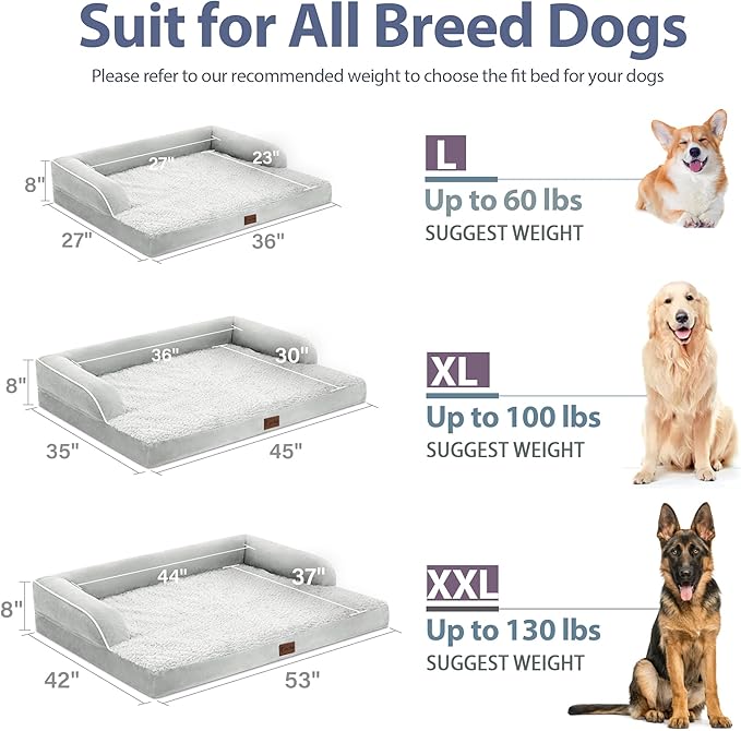 Orthopedic Dog Beds for Extra Large Dogs, Waterproof Egg Crate Foam XL Dog Bed with Sides 45 * 35Inch, Big Dogs Couch Beds with Removable Washable Cover and Nonskid Bottom, Grey White