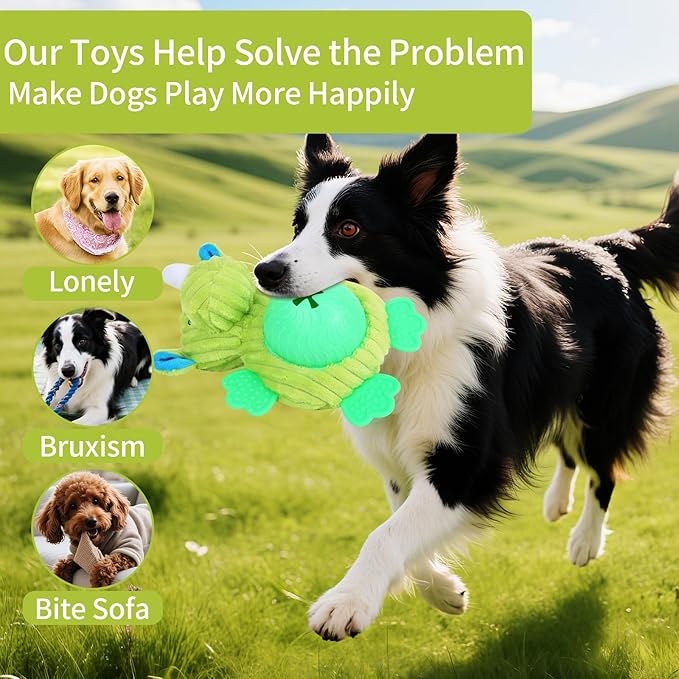 Interactive Dog Toys, Plush Dog Toy with Treat Dispensing Ball, Squeaky Dog Toy with Cute Plastic Paws for Playing,Slow Eat Hiding Food Enrichment Toy for Small & Medium Breeds(Green)