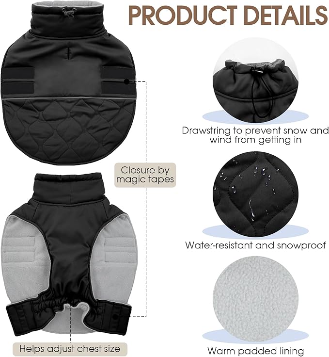 FUAMEY Warm Dog Coat for Cold Weather, Waterproof Large Dogs Jackets Fleece Lined, Adjustable Doggy Thermal Vest Sleeveless, Pet Winter Snowsuit Windpproof (Black, L)