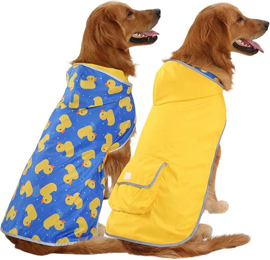 HDE Reversible Dog Raincoat Hooded Slicker Poncho Rain Coat Jacket for Small Medium Large Dogs Ducks Yellow - L